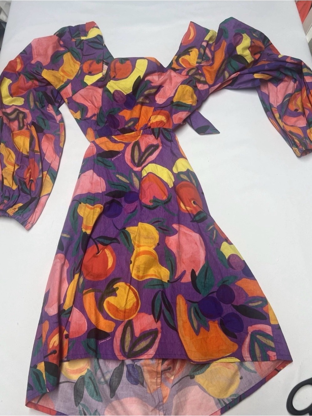 Farm Rio Long-Sleeve Poplin Mini Dress in a colorful fruit print Small NWT